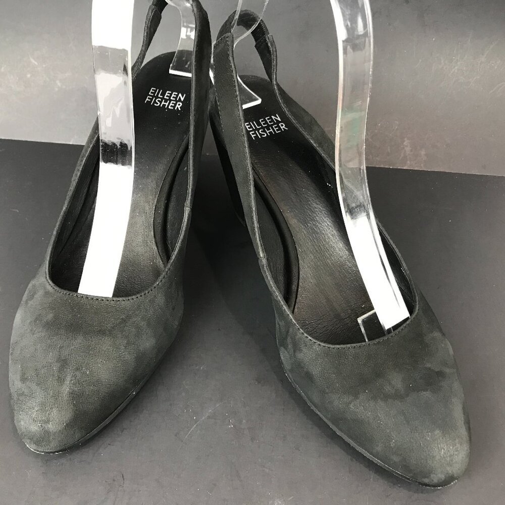 Eileen Fisher Black Nubuck leather 3.25" heels, sling back size 8